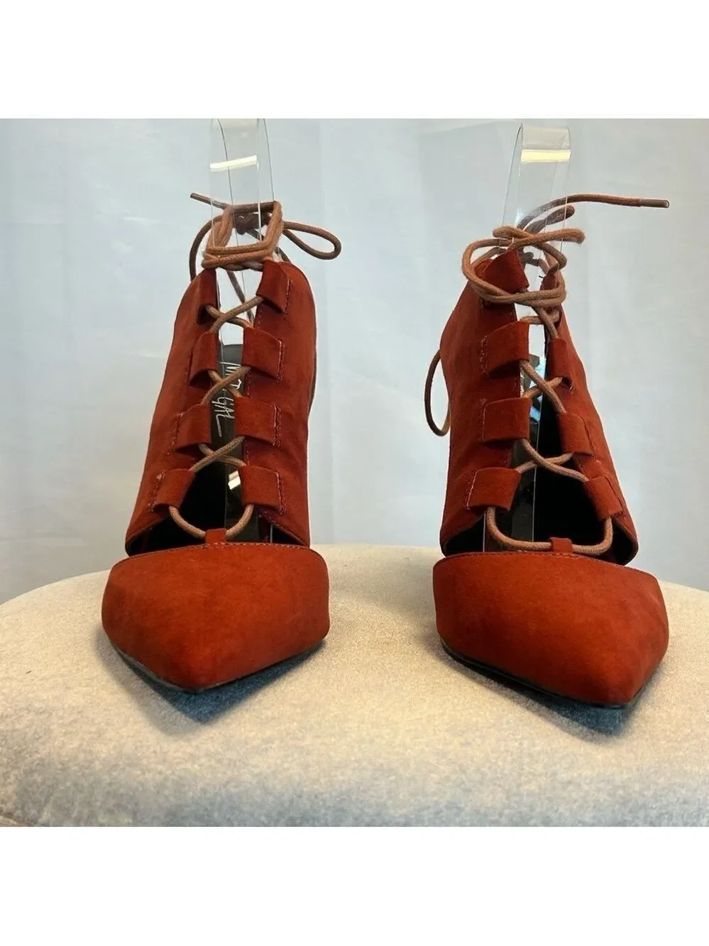 Nasty Gal burnt orange red lace-up faux leather mules high heels Sz 8.5